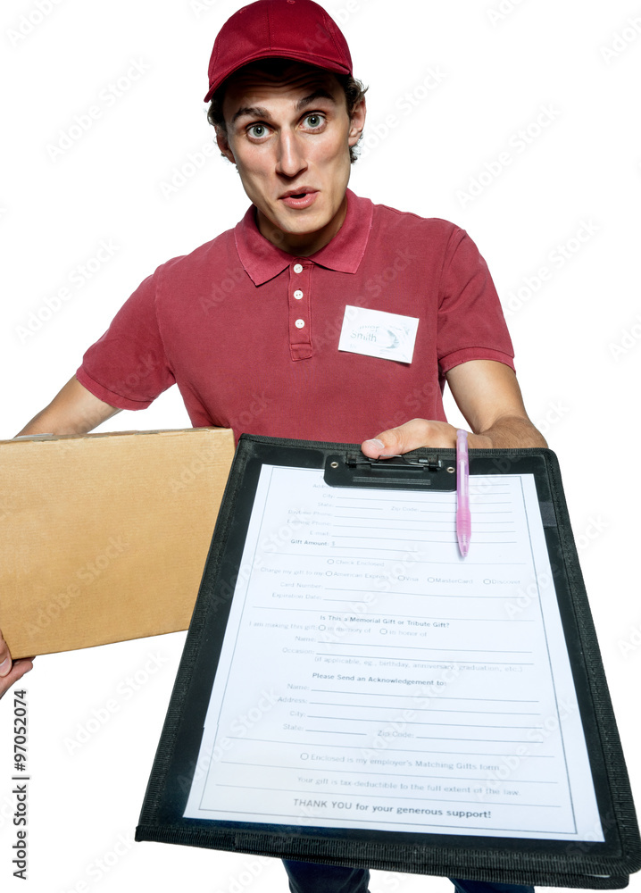 Gloomy courier in red uniform with a box and tablet requires subscribe / isolated on white background Gloomy courier in red uniform with a box and tablet requires subscribe / isolated on white background