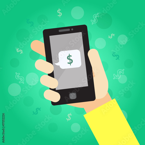Smart phone in hand with message (money). On the green background with dollar signs and dots.