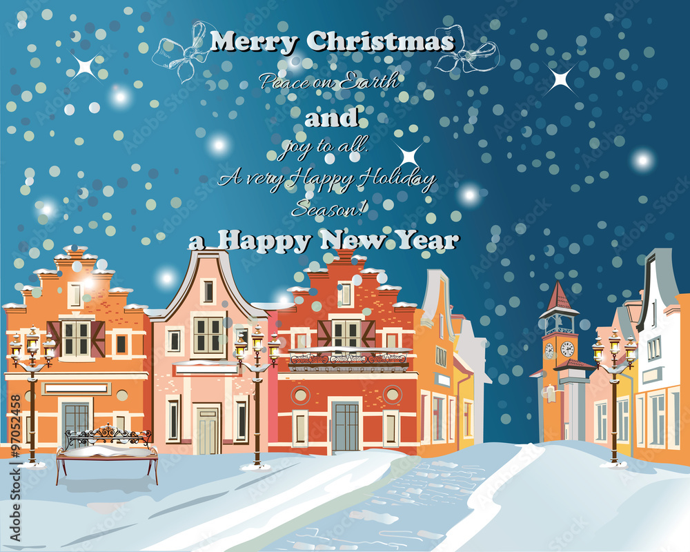 Christmas greeting card. Snow-covered street in the old town. Vector Illustration.
