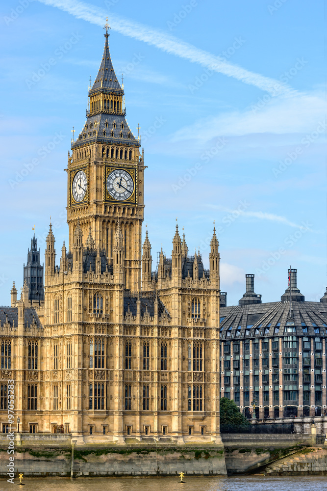 View of Big Ben tower in London with copy space in sky View of Big Ben tower in London with copy space in sky