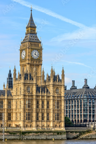 Canvas Print View of Big Ben tower in London with copy space in sky