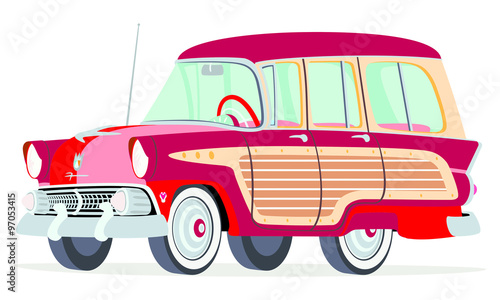 Caricatura Ford Fairline Country Squire 1955 roja vista frontal y lateral