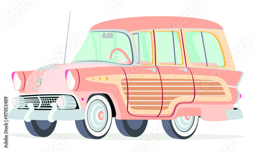 Caricatura Ford Fairline Country Squire 1955 rosada vista frontal y lateral