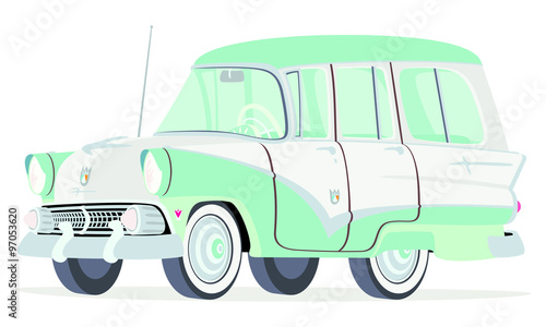 Caricatura Ford Fairline Country Sedan Station Wagon 1955 verde y blanca vista frontal y lateral