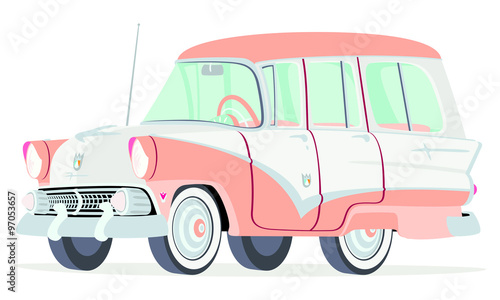 Caricatura Ford Fairline Country Sedan Station Wagon 1955 rosa y blanca vista frontal y lateral