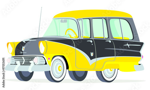 Caricatura Ford Fairline Country Sedan Station Wagon 1955 amarilla y negra vista frontal y lateral