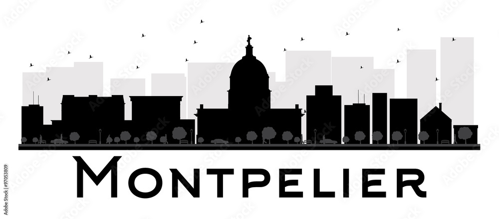 Montpelier City skyline black and white silhouette. Some elements have transparency mode different from normal