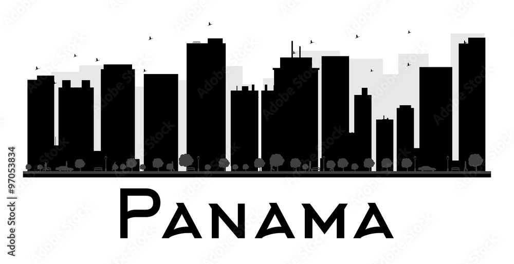 Panama City skyline black and white silhouette. Some elements have transparency mode different from normal