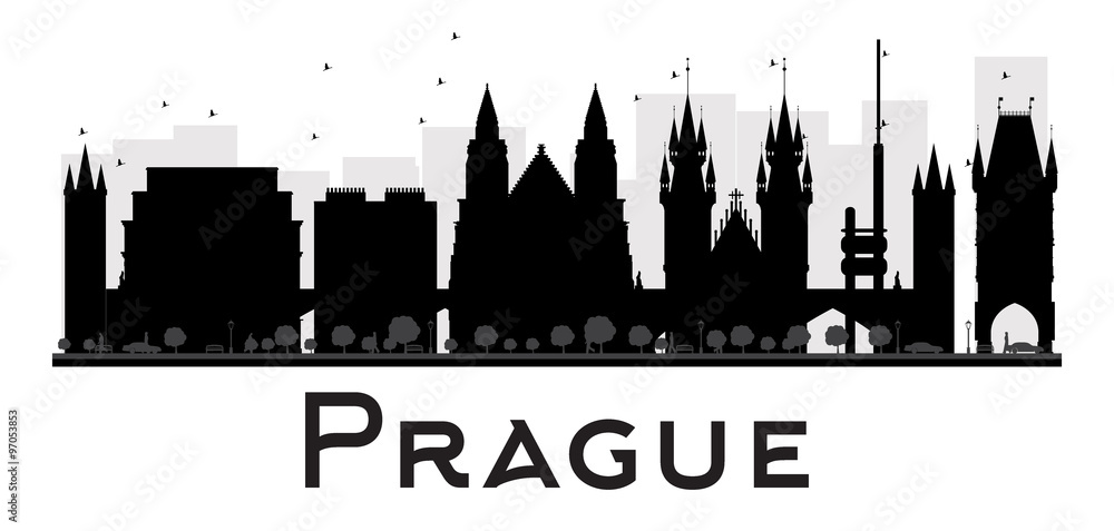 Prague City skyline black and white silhouette. Some elements have transparency mode different from normal