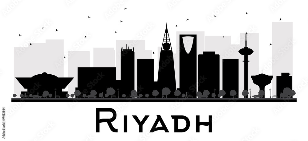 Riyadh City skyline black and white silhouette. Some elements have transparency mode different from normal