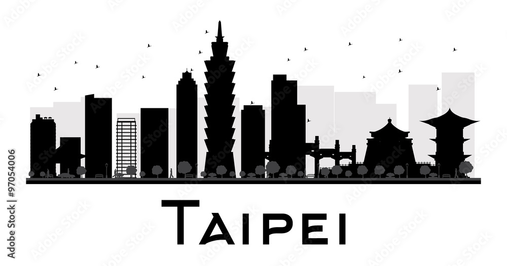 Taipei City skyline black and white silhouette. Some elements have transparency mode different from normal