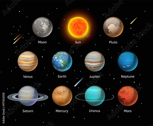 Planets colorful vector set on dark background