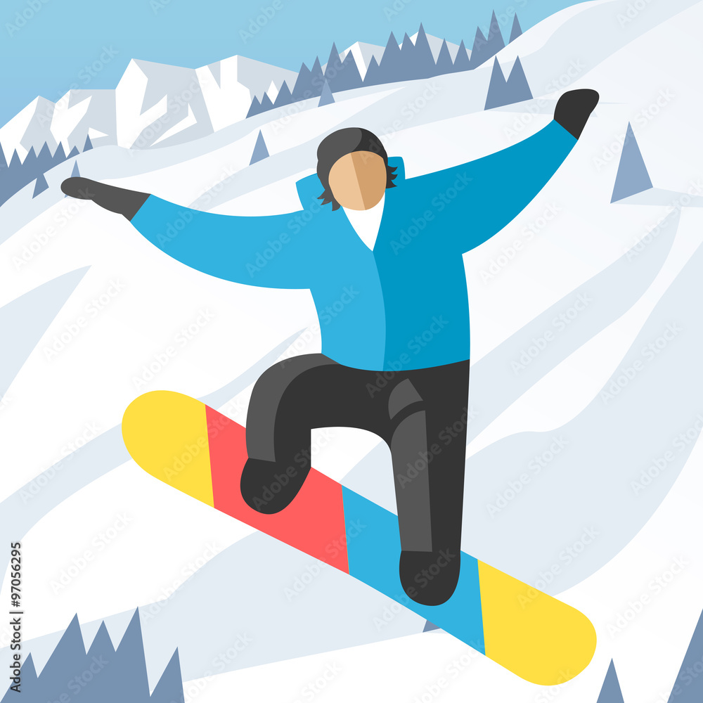 Snowboarder jumping pose on winter outdoor background Snowboarder jumping pose on winter outdoor background