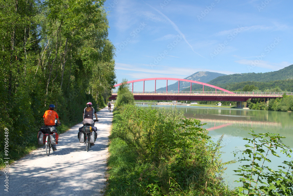 Fototapeta premium Cyclist along the Tauernradweg cycle route near Salzburg 