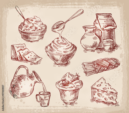 hand drawn sketch set of dairy products. vector illustration