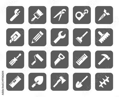 Tools, icons, monochromatic, gray. 