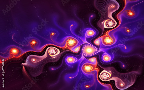 abstract fractal with glowing white-blue-red swirls and dots on violet background