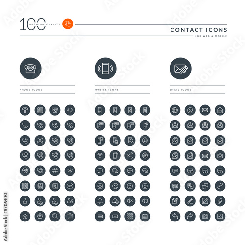 Set of thin line web icons for contact, communication, social media, digital marketing. Icons for website, mobile website and app design.