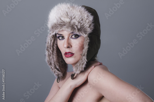 sexy naked girl with Russian winter hat  cold