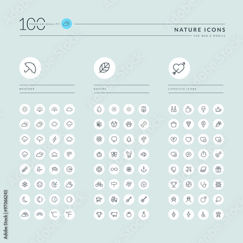 Thin line web icons collection for weather forecast, nature and animals, food and agriculture, restaurant, sport and leisure, healthcare, tourism. Icons for web and app design.
