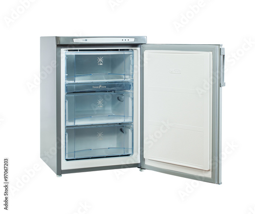 studio shot small stainless steel refrigerator isolated on white