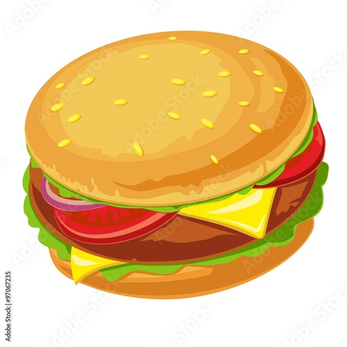 Hamburger with meat, lettuce, cheese, onion and tomato