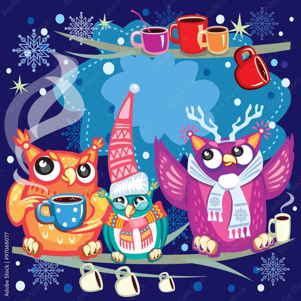 Merry Christmas card with Cute Owls Merry Christmas card with Cute Owls