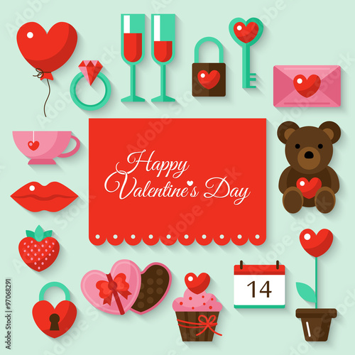 Valentine's day background with flat stylish icons. Vector illus