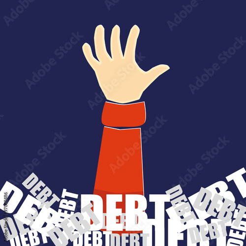Hand reaching up for help whilst being buried in a mountain of the word debt in white and grey text on a blue background