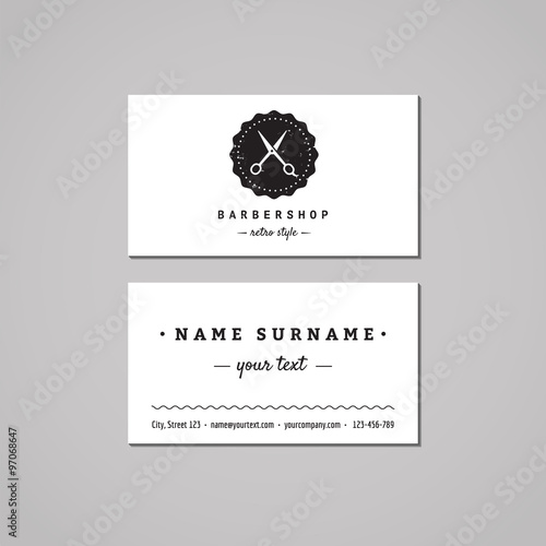 Barbershop business card design concept. Barbershop logo with scissors and badge. Vintage, hipster and retro style. Black and white. Hair salon business card.