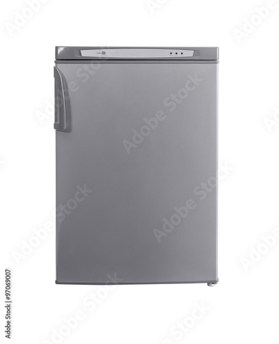 studio shot small stainless steel refrigerator isolated on white