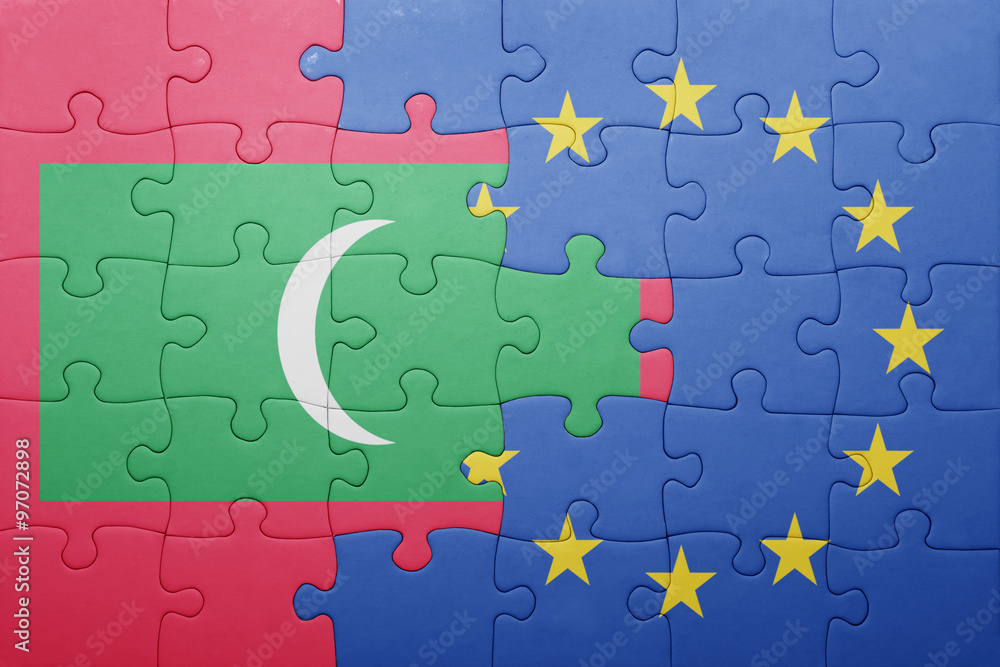 puzzle with the national flag of maldives and european union puzzle with the national flag of maldives and european union
