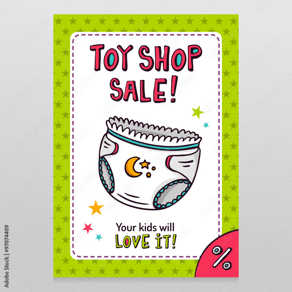 Toy shop vector sale flyer design with baby diaper Toy shop vector sale flyer design with baby diaper
