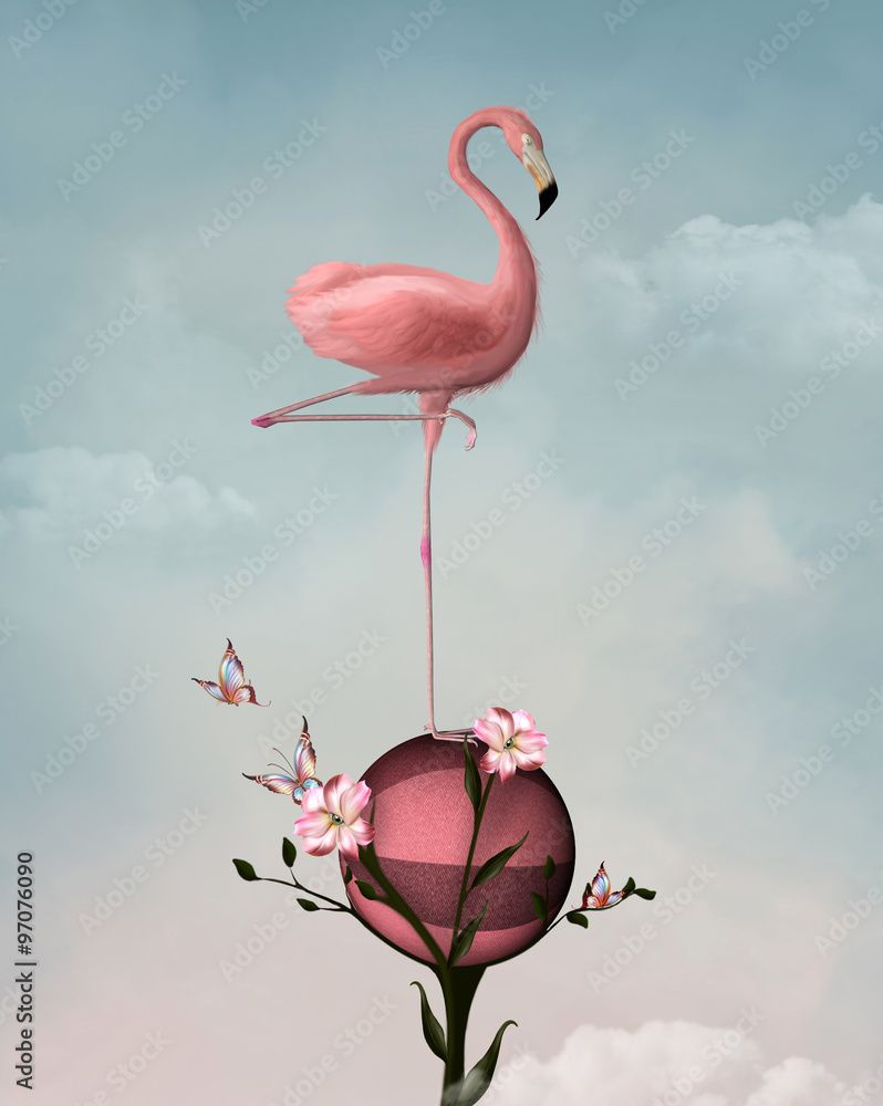 Obraz premium Surreal composition with flamingo and flowers