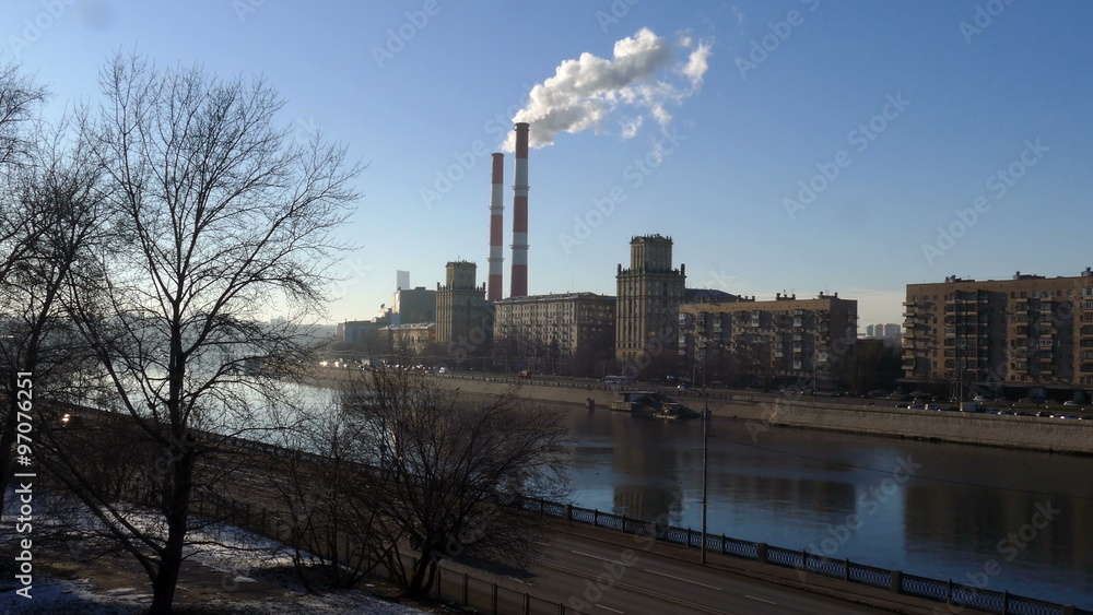 River with bridge and pipe smoke in Moscow in November 2015 River with bridge and pipe smoke in Moscow in November 2015