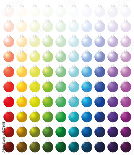 Fototapeta Naklejka Na Ścianę i Meble -  Christmas balls, exactly one hundred pieces sorted like a color chart - from very bright to intense dark shades of all colors. Isolated vector illustration on white background.