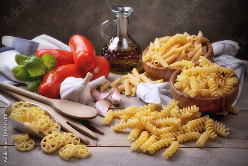 Durum wheat pasta and ingredients photo