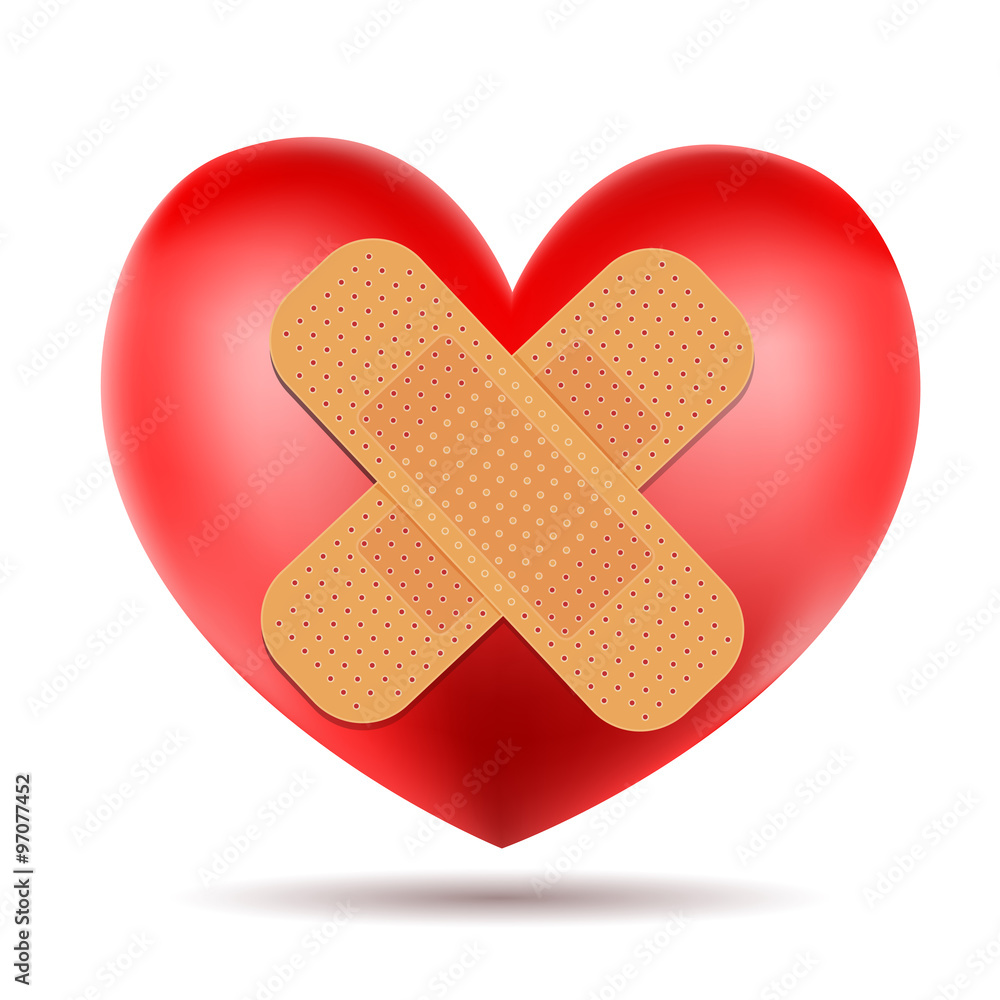 heart symbol with adhesive bandage on white heart symbol with adhesive bandage on white