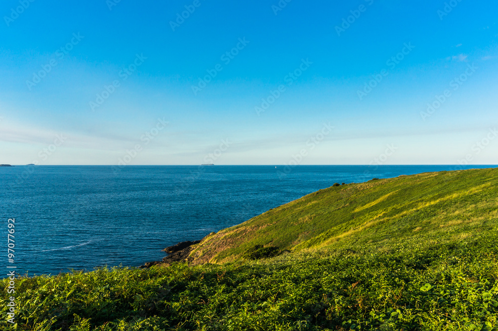 Beautiful ocean view and green grassy hill with clear sky on the