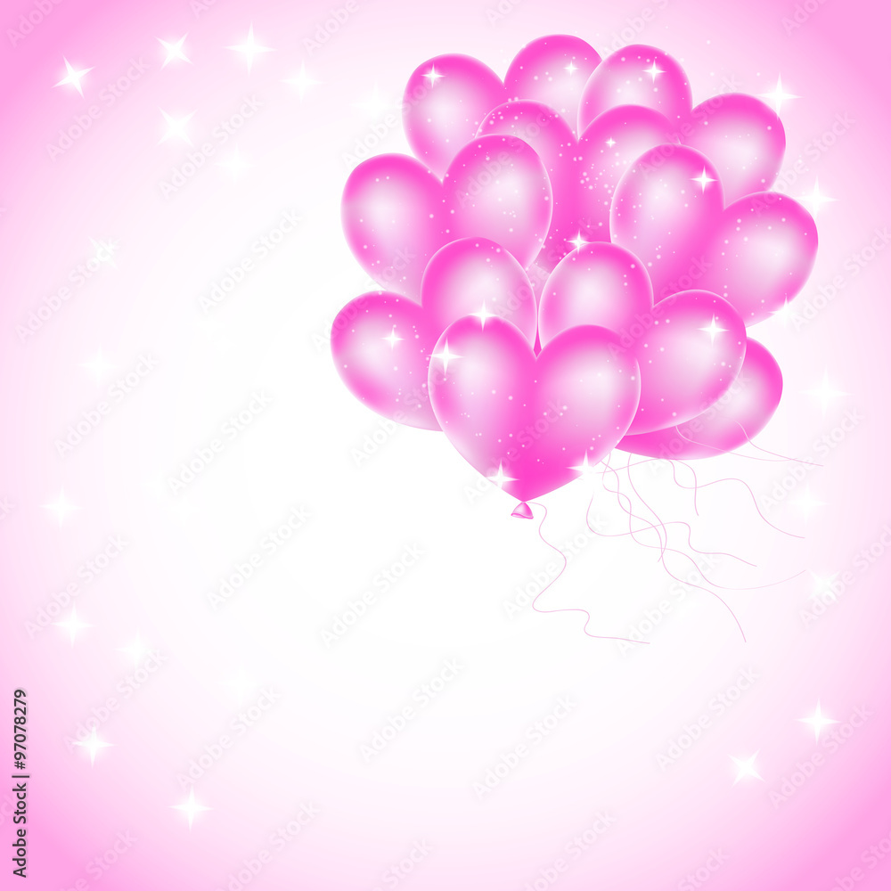 pink heart balloons with stars background