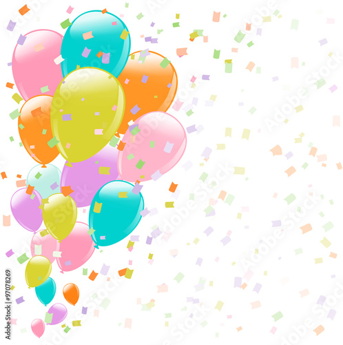 flying colorful balloons and confetti on white background