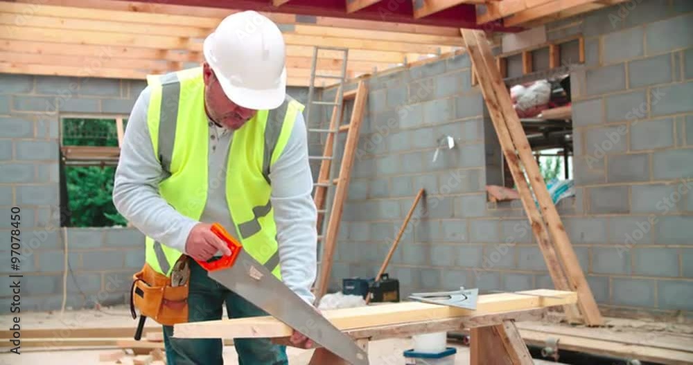 Carpenter Cutting House Roof Supports On Building Site Carpenter Cutting House Roof Supports On Building Site