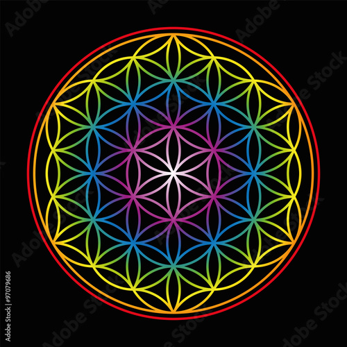 Flower of Life - bright glowing rainbow colored symbol of harmony on black background.