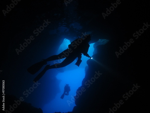 Cavern diver silhoutte