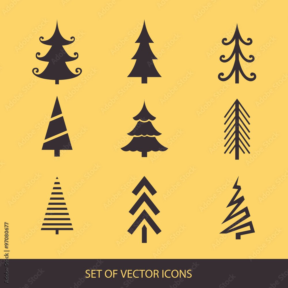 Obraz premium Merry christmas and happy new year. set of trees. Vector icons f