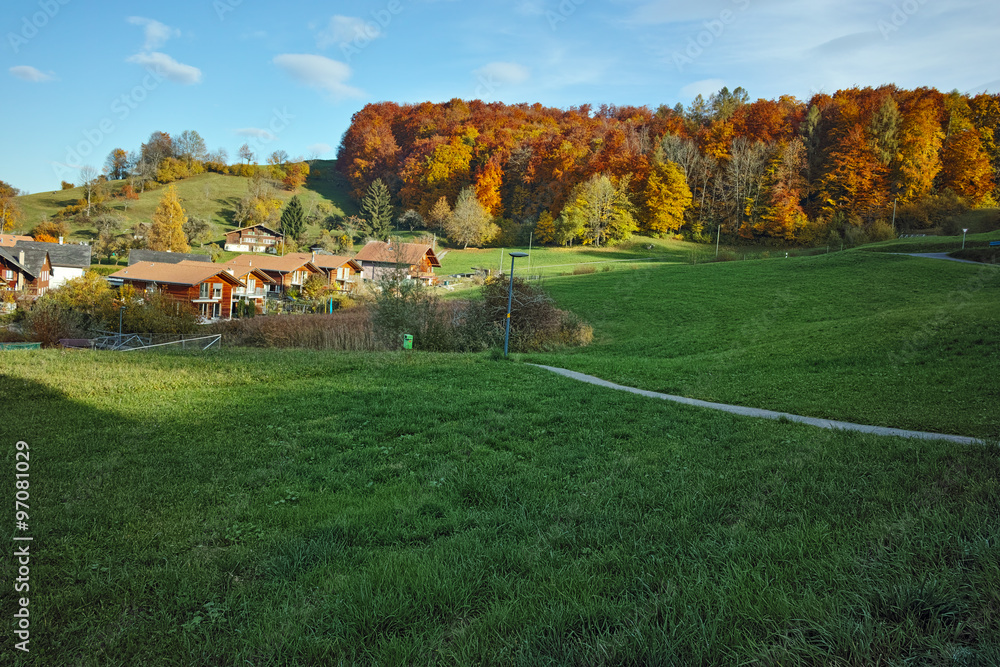 Autumn Landscape of Green meadows near town of Interlaken, canton of Bern, Switzerland