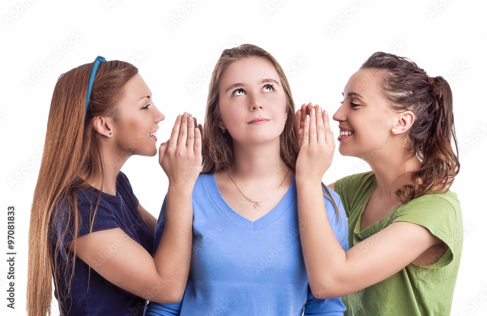 Rumors and Secrets Concept. Portrait of Three Happy Caucasian Females Sharing Secrets Rumors and Secrets Concept. Portrait of Three Happy Caucasian Females Sharing Secrets