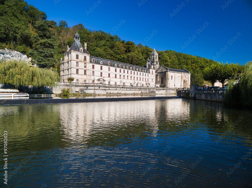 Benedictine Abbey of Brantome and river Dronne, France.