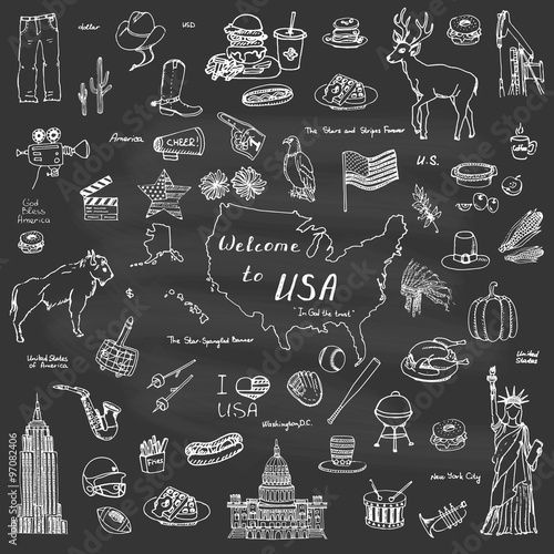 Hand drawn doodle USA set Vector illustration Sketchy american icons United States of America elements Flag Statue of Liberty Eagle Fast food Corn Skyscraper Deer Bison Cowboy hat boot Native American