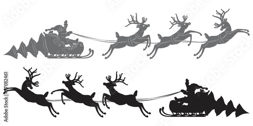 Black vector silhouette, Flying Santa Claus in a reindeer sleigh